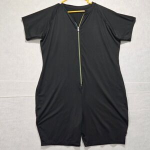 TOMBOYX Womens Black Short Sleeve Full Zip One Piece Swimsuit Rash Guard PTP:26"